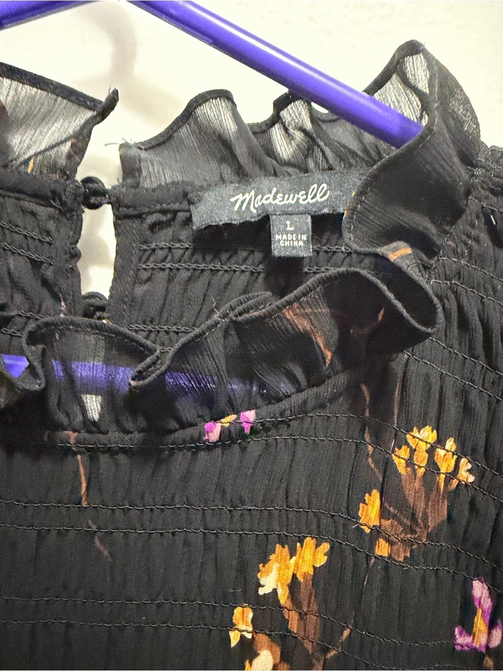 Madewell Black Floral Ruffle-Neck Long Sleeve Blouse - Picture 3 of 3